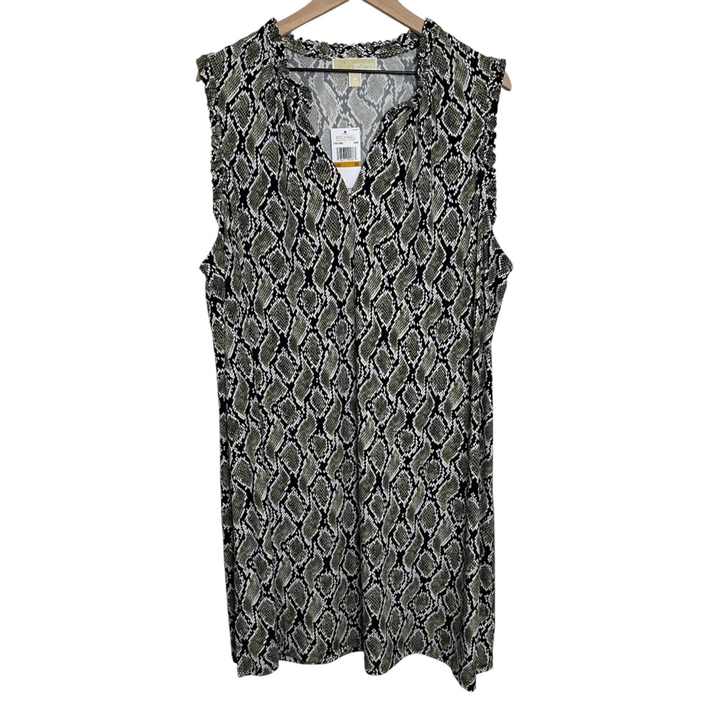 Michael Kors 3X Plus Olive Green Snake Print Midi Stretch Dress Sleeveless Vneck